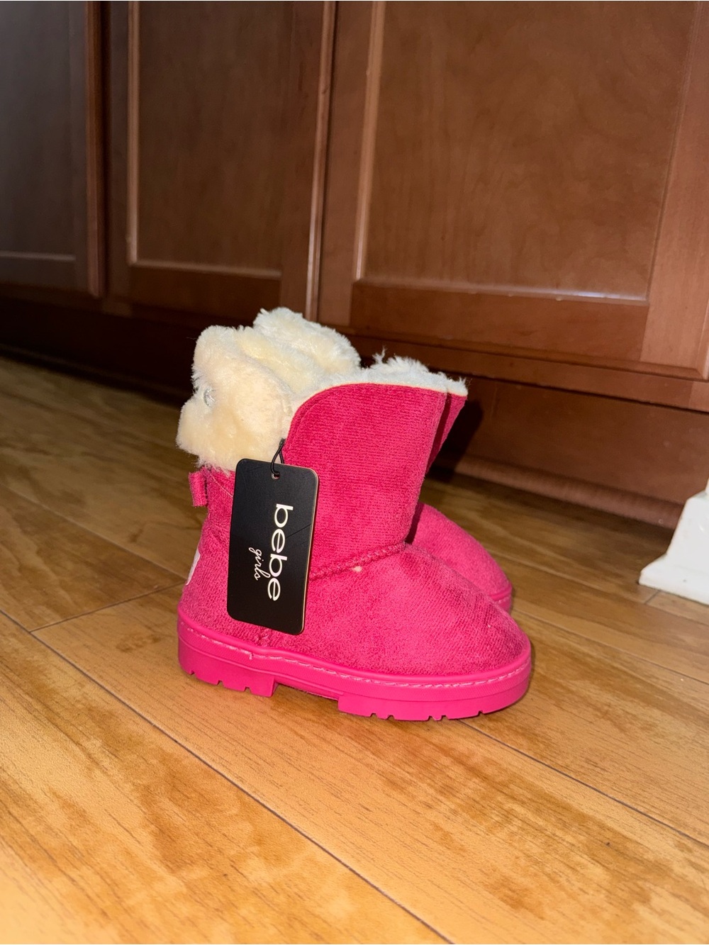 bebe hot pink toddler winter boot with cream faux fur